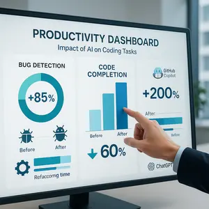 Interactive dashboard displaying coding productivity metrics showing significant improvements with AI tools: 85% better bug detection, 200% faster code completion, and 60% reduced refactoring time.