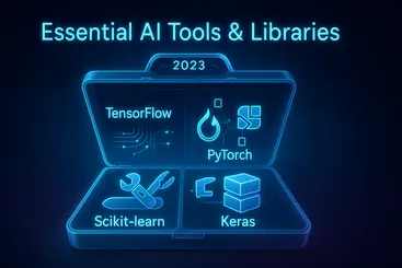 A futuristic digital toolkit showcasing essential AI development tools: TensorFlow, PyTorch, Scikit-learn, and Keras, each represented by distinctive visual elements in a holographic display with 'Essential AI Tools & Libraries' text overlay.
