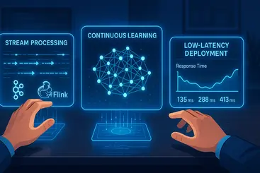 Developer's hands manipulating holographic interfaces showing three interconnected real-time AI components: Stream Processing with Kafka/Flink data flows, Continuous Learning with an updating neural network, and Low-Latency Deployment featuring a response time dashboard with millisecond metrics.