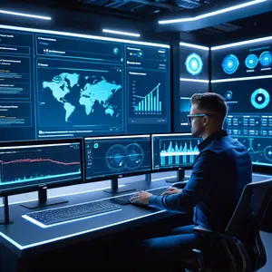 Engineer using augmented reality interface in futuristic control room to manage a Kubernetes cluster with holographic displays showing auto-scaling metrics and neural network patterns