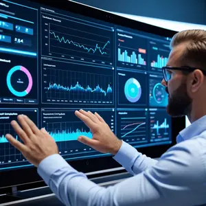 Software engineer using gesture controls with a virtual MLOps dashboard displaying monitoring panels and system health indicators in a modern tech environment