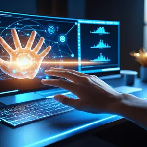 Person reaching toward holographic AI interface showing progression from simple to complex machine learning concepts, symbolizing the learning journey